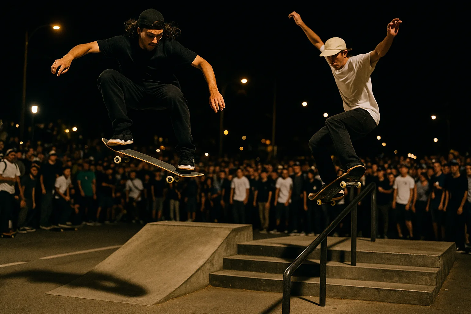 Two Skateboarders Performing Tricks on a Street Course