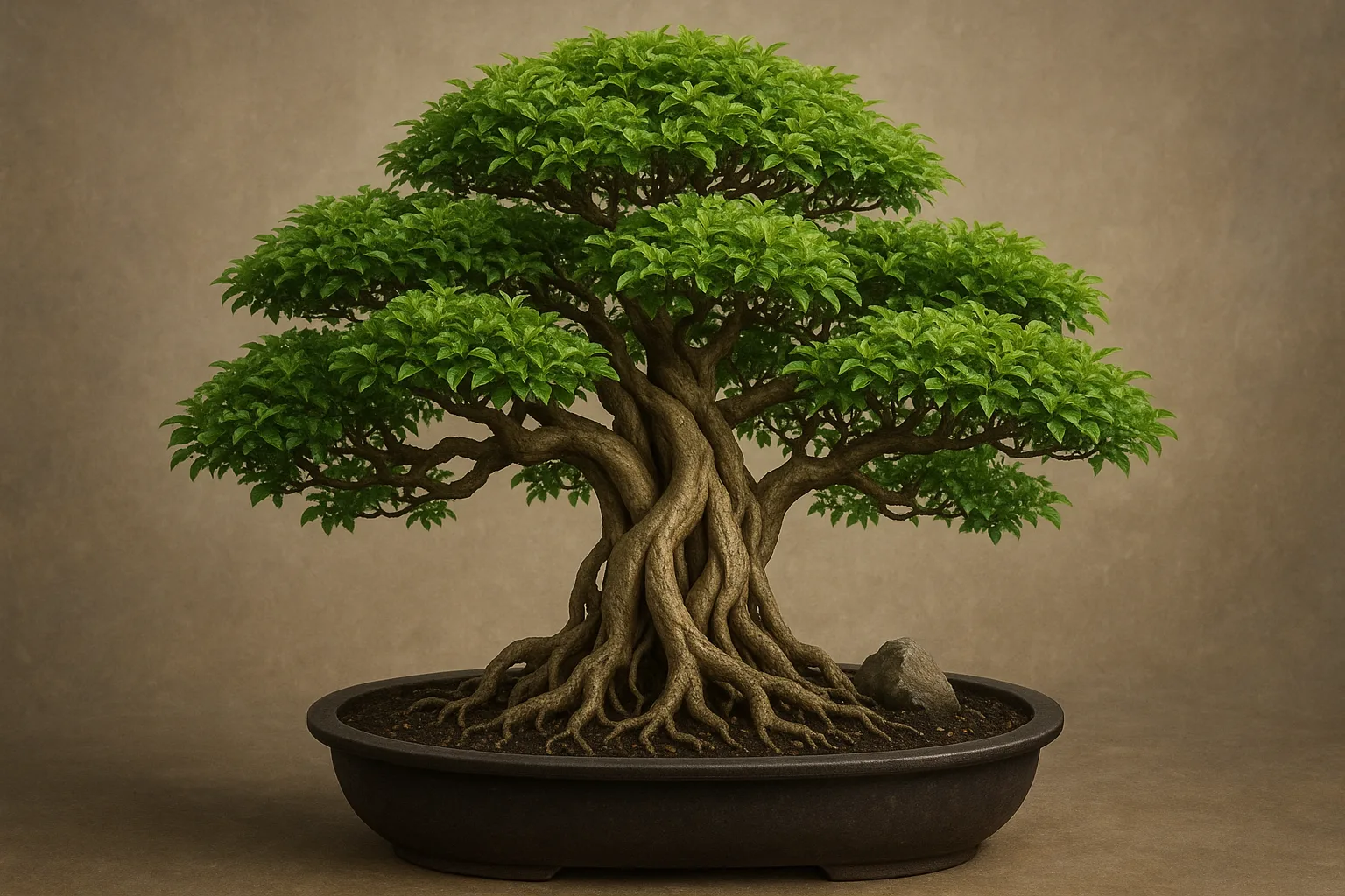 Lush Bonsai Tree with Intertwined Trunks and Roots