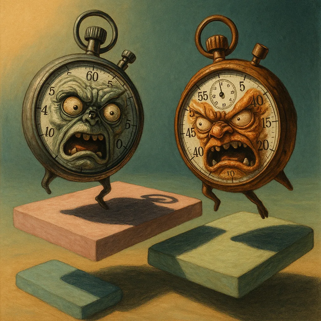 Two Varied Grotesque Stopwatches Break Formation Above Floating Pastel Islands