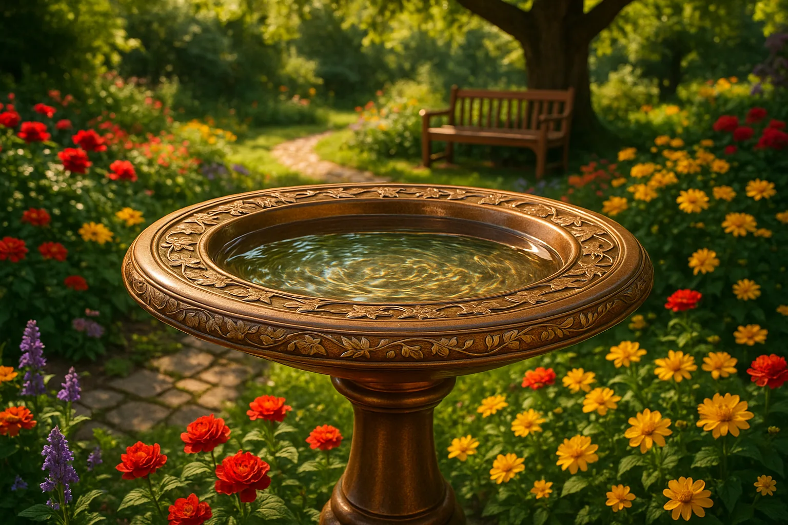 Beautifully Ornate Circular Birdbath Made of Gleaming Polished Bronze