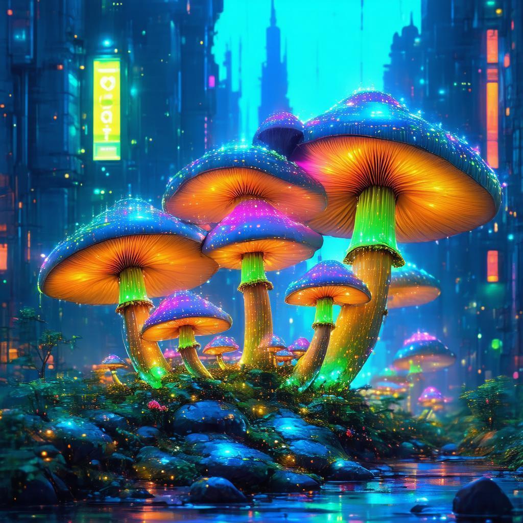 Neonpunk Mushroom Family in a Fantasy City