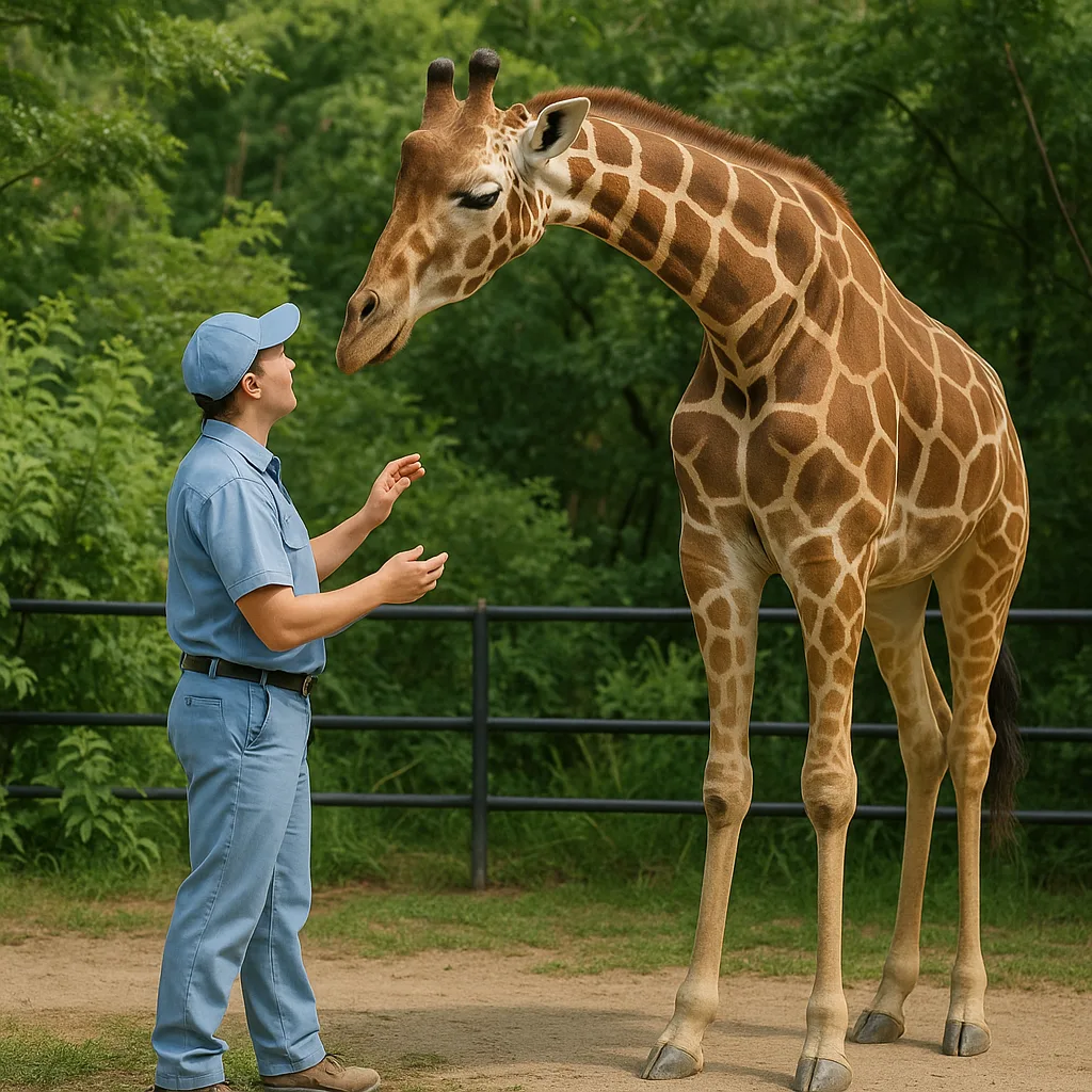 Zookeeper in Light Blue Attire Interacts with a Giraffe