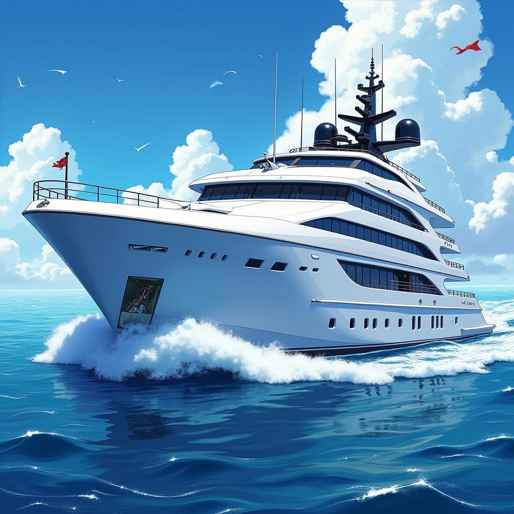 Sleek White Yacht in Vibrant Anime Motion