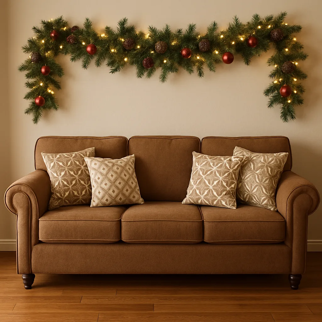 Brown Cushioned Sofa with Patterned Pillows