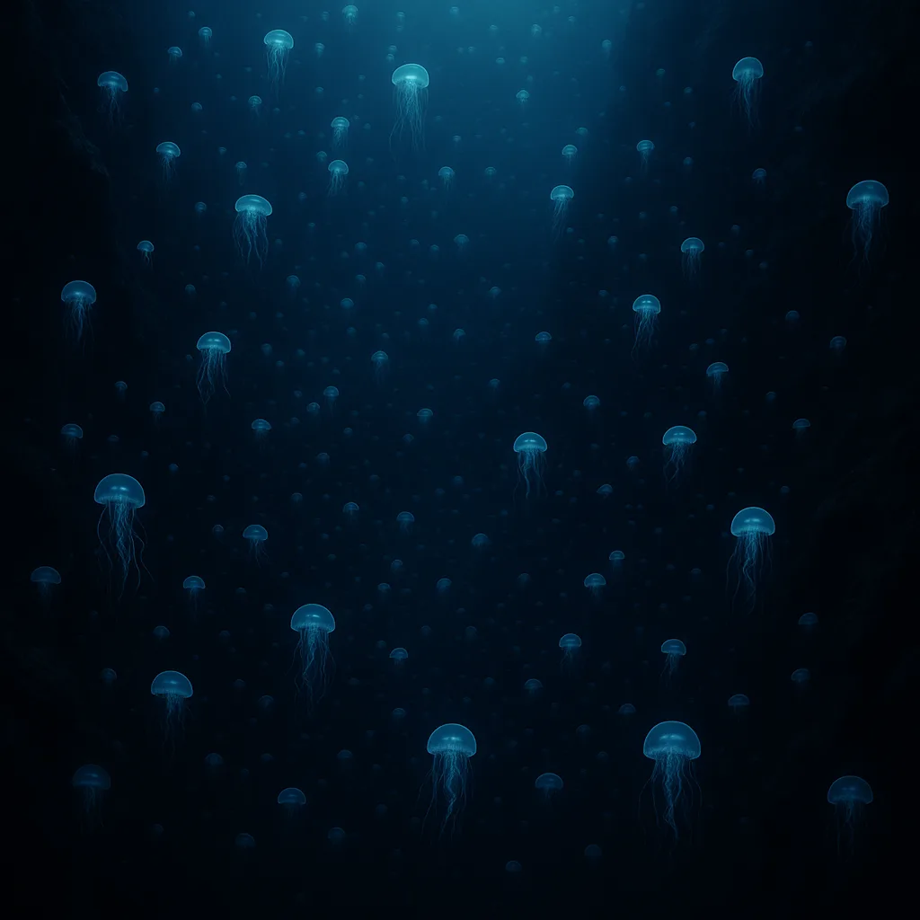 Vast Swarm of Bioluminescent Jellyfish Drifts Silently
