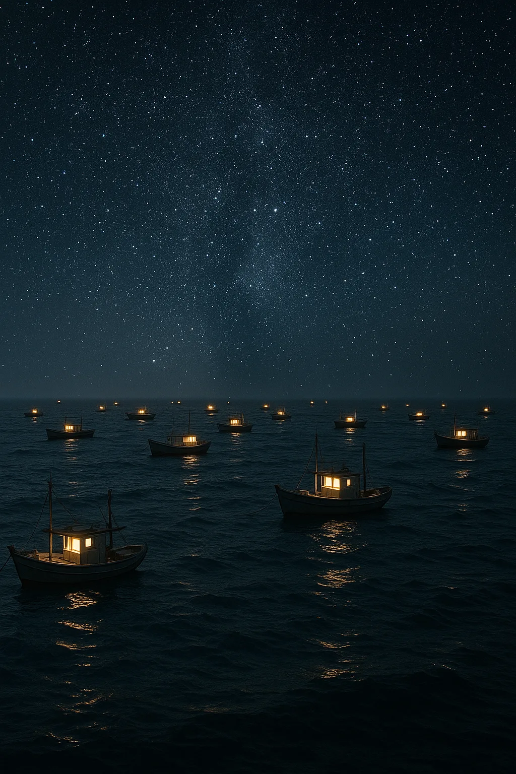 Numerous Tiny Fishing Boats with Faintly Lit Cabins