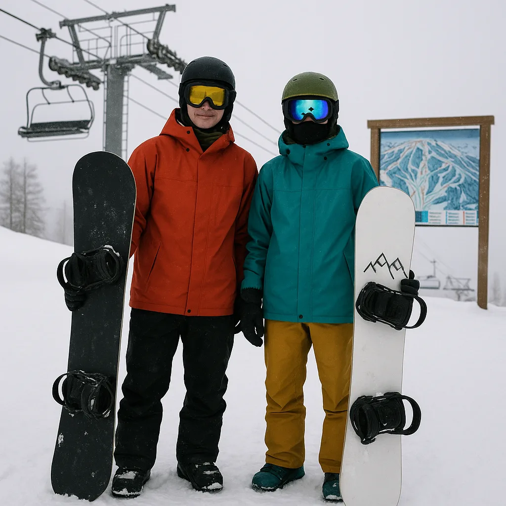 Two Snowboarders Standing on a Snowy Slope with Gear
