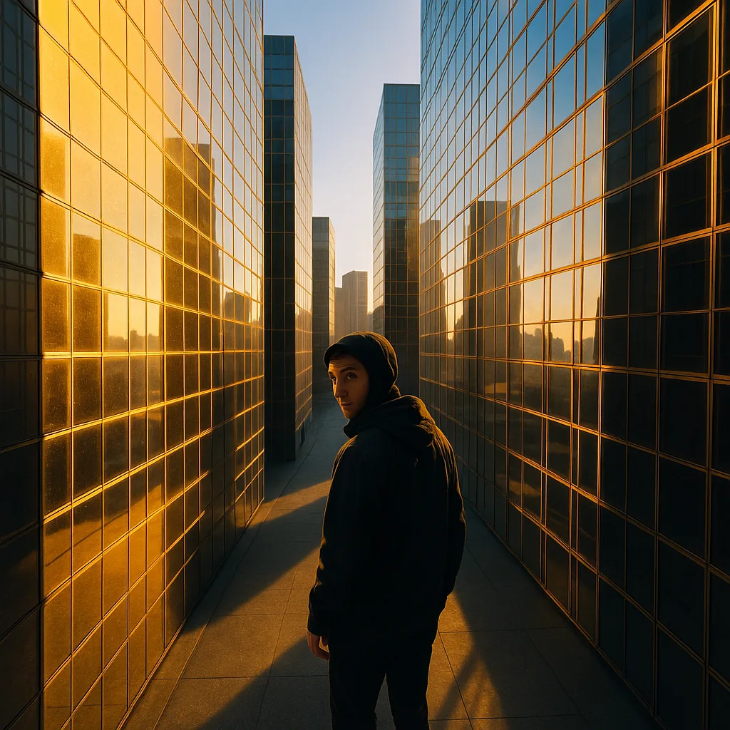Solitary Figure Glances over their Shoulder Between Reflective Skyscrapers