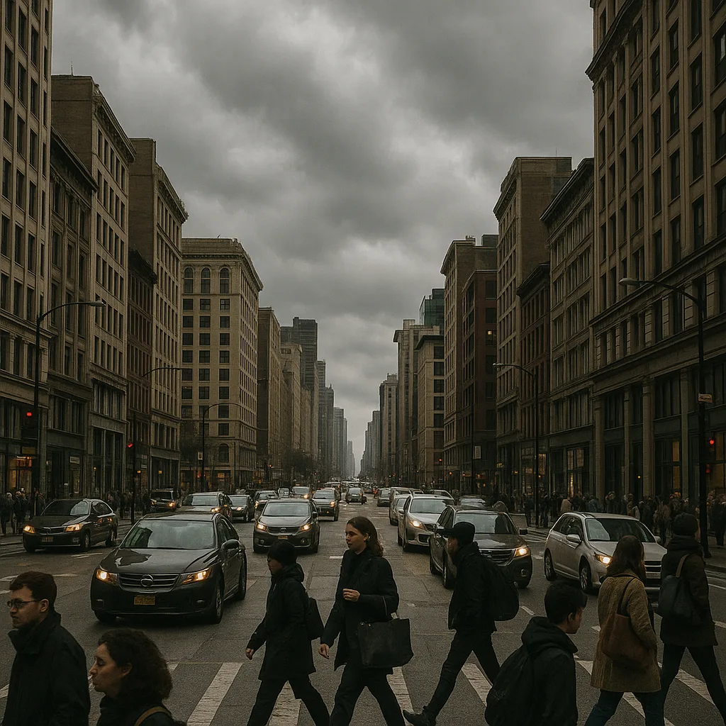 Bustling City Street Filled with Vehicles and Walkers Moving About