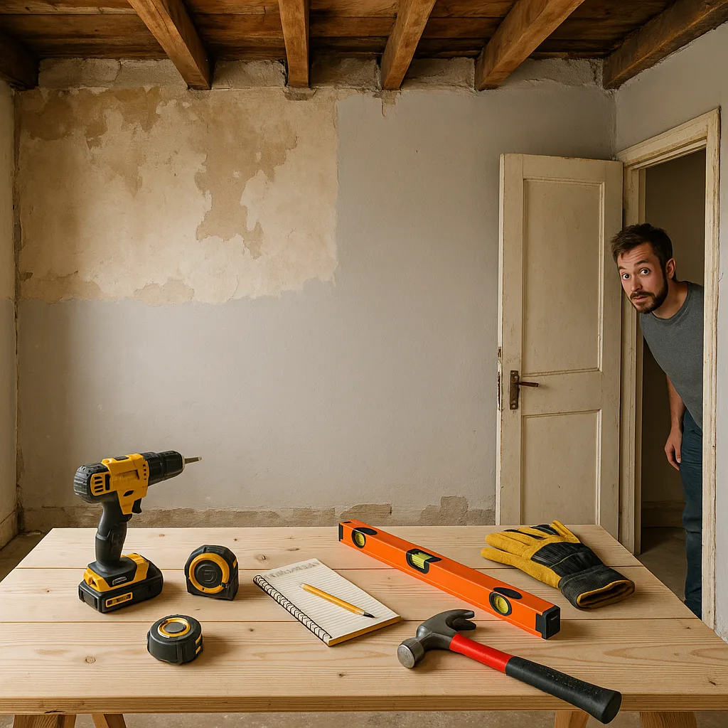 Partially Renovated Room with Construction Tools on a Table