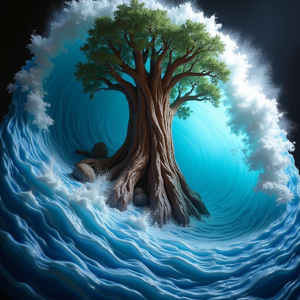 Marble Sequoia Carving Against Crashing Wave