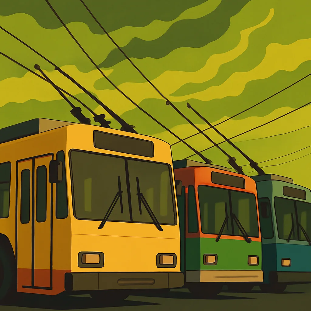 Several Diverse Trolleybuses in a Flat Color Style