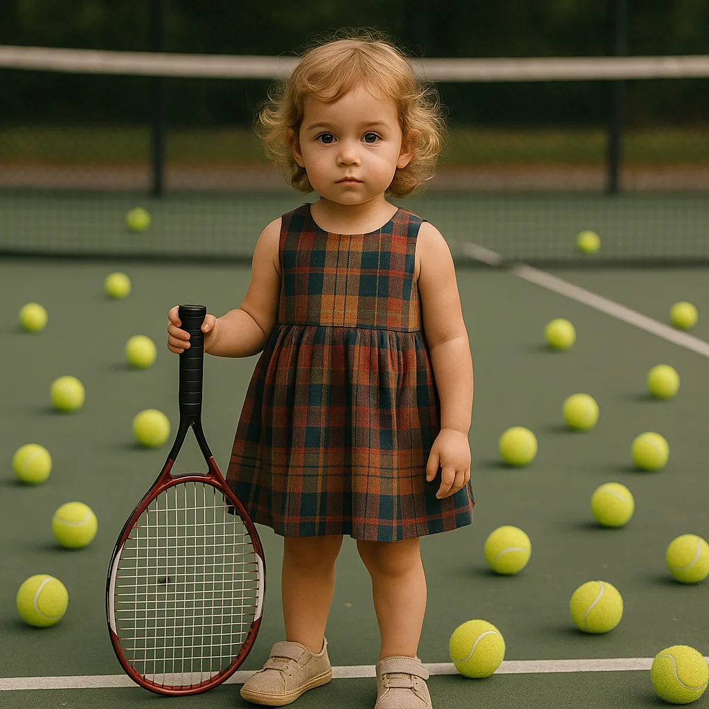 Young Child in a Plaid Dress Stands on a Tennis