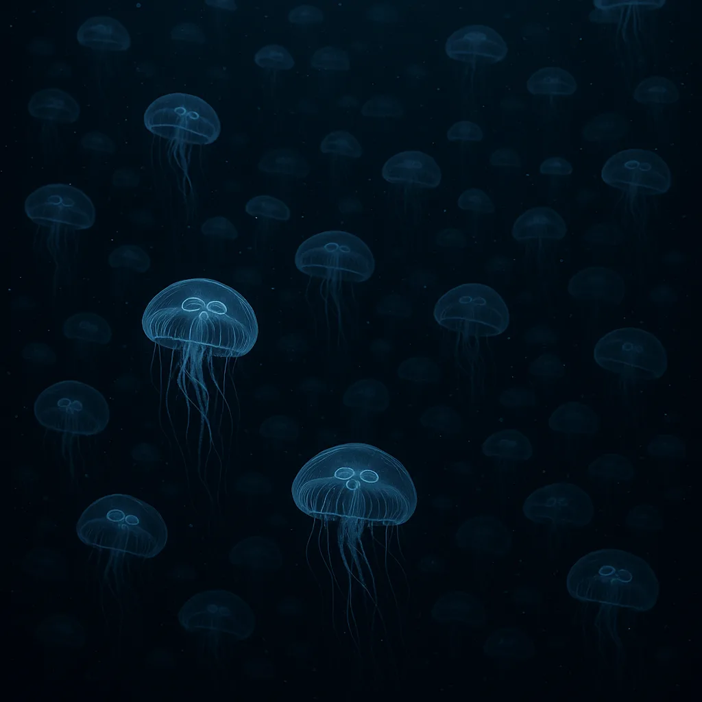 Countless Glowing Jellyfish Drift Serenely Through a Vast