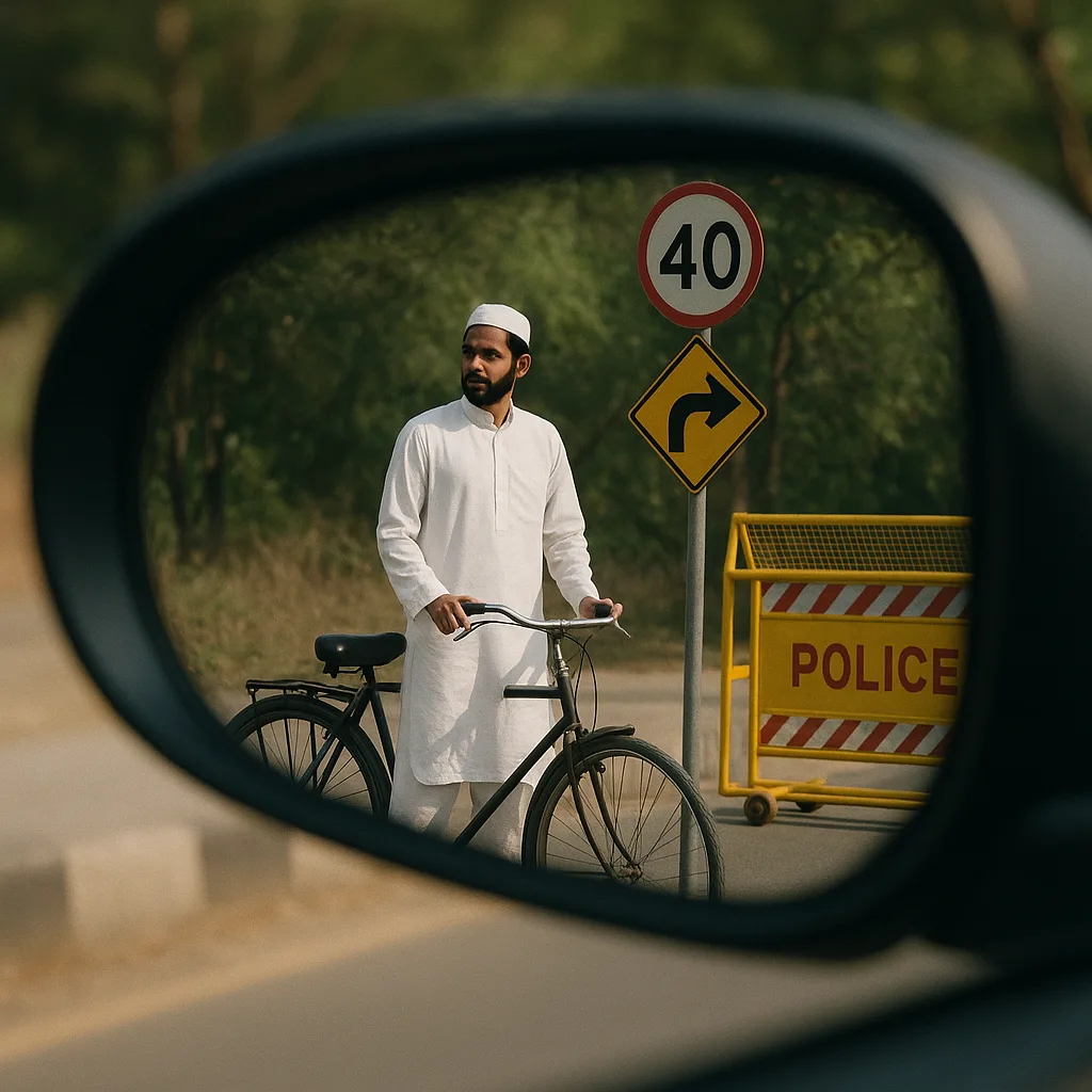 Man in White Traditional Attire Stands Beside a Bicycle