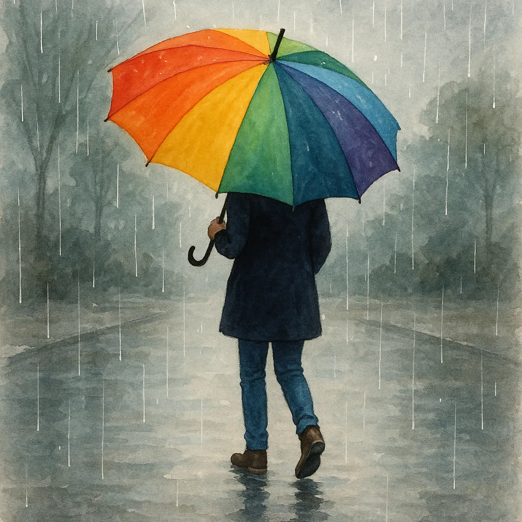 Describe a Moment Involving a Person Holding a Colorful Umbrella
