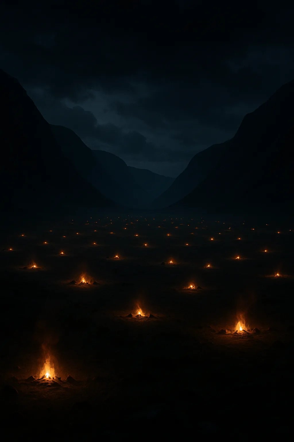 Many Distant Campfires Flicker Like Scattered Stars Across a Vast