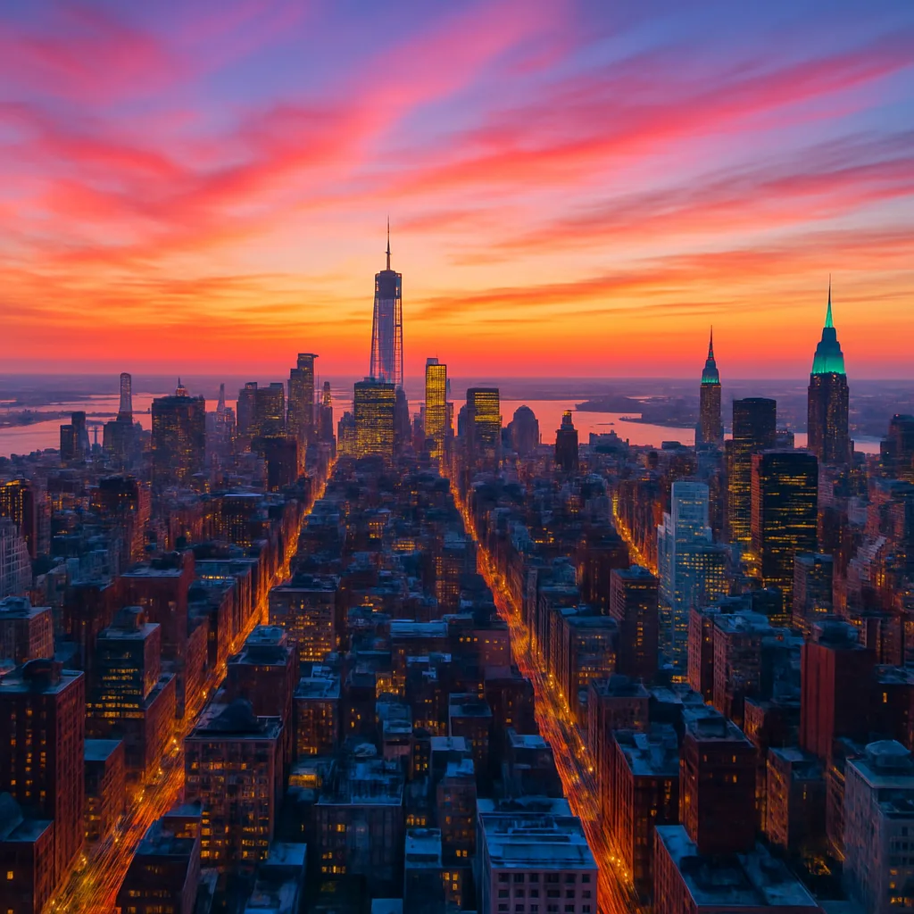 Vivid Panorama of a Lively Urban Skyline at Sundown