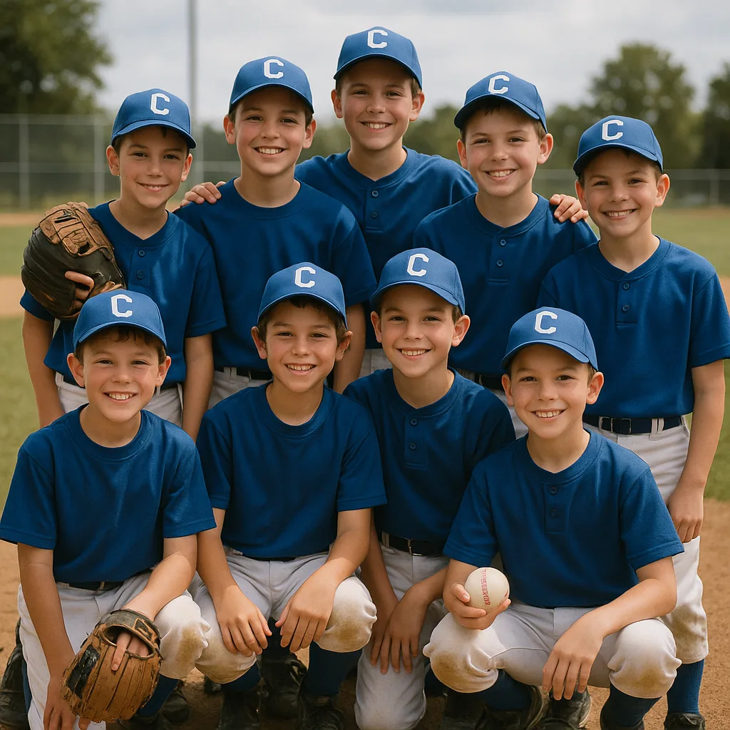 Team of Young Baseball Players Wearing Blue Uniforms Posed Together