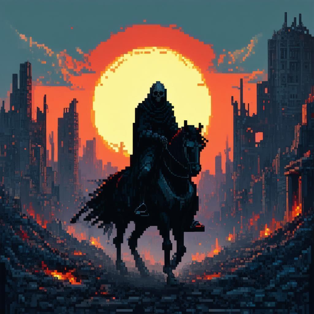 Grim Reaper Riding Through Pixel City Ruins