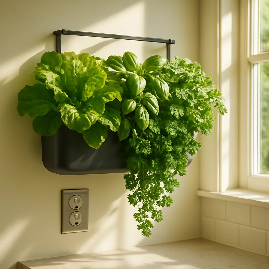 Lush Green Vegetables Flourish Within a Modern Hanging Planter
