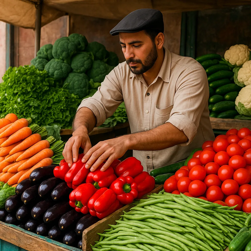 Vendor of Vegetables Organizing Colorful Produce Tidily on their Market