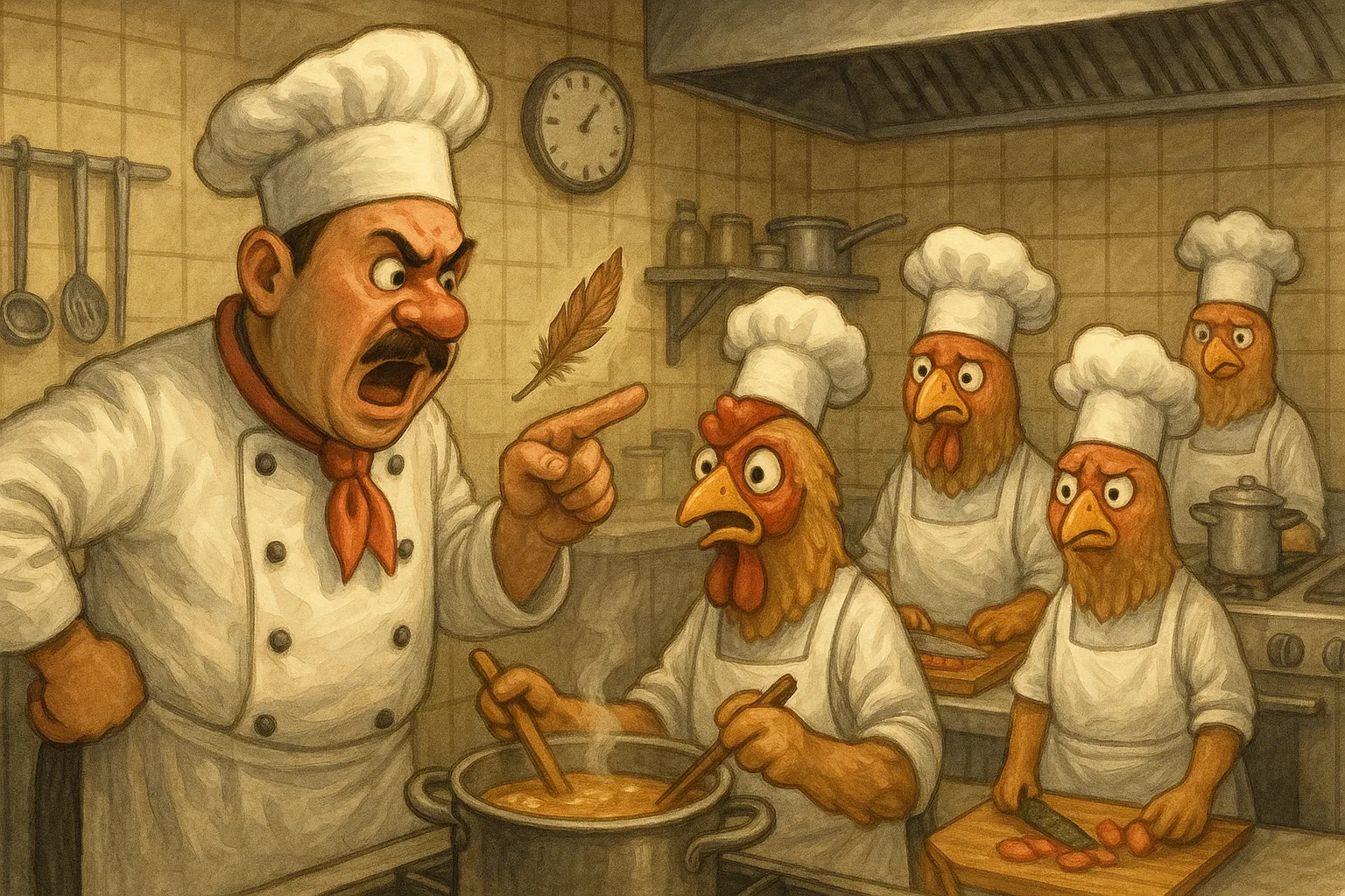 Chef Confronts a Group of Anthropomorphic Chickens