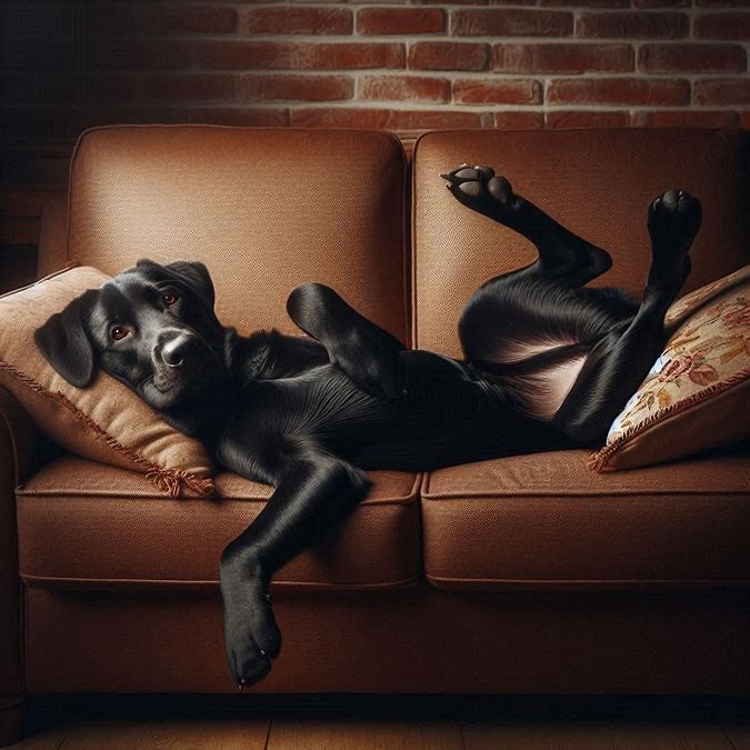 Black Dog Relaxing on Grey Couch