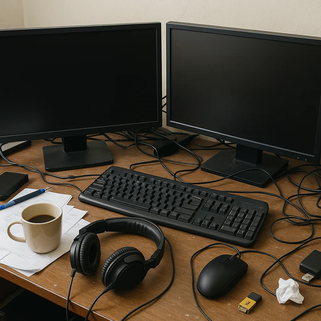 Cluttered Desk Setup Featuring Two Monitors