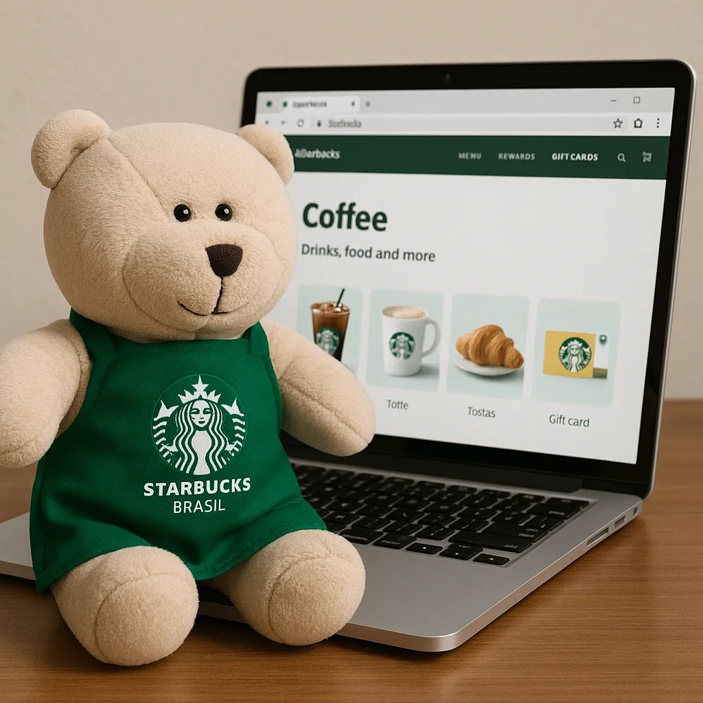 Plush Bear Wearing a Green Starbucks Brasil Apron Sits