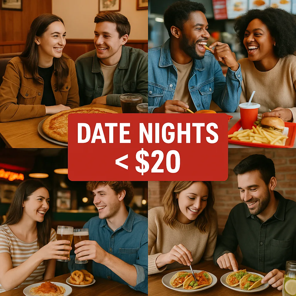 Collage Showcasing Casual Dining Environments and Affordable Dishes