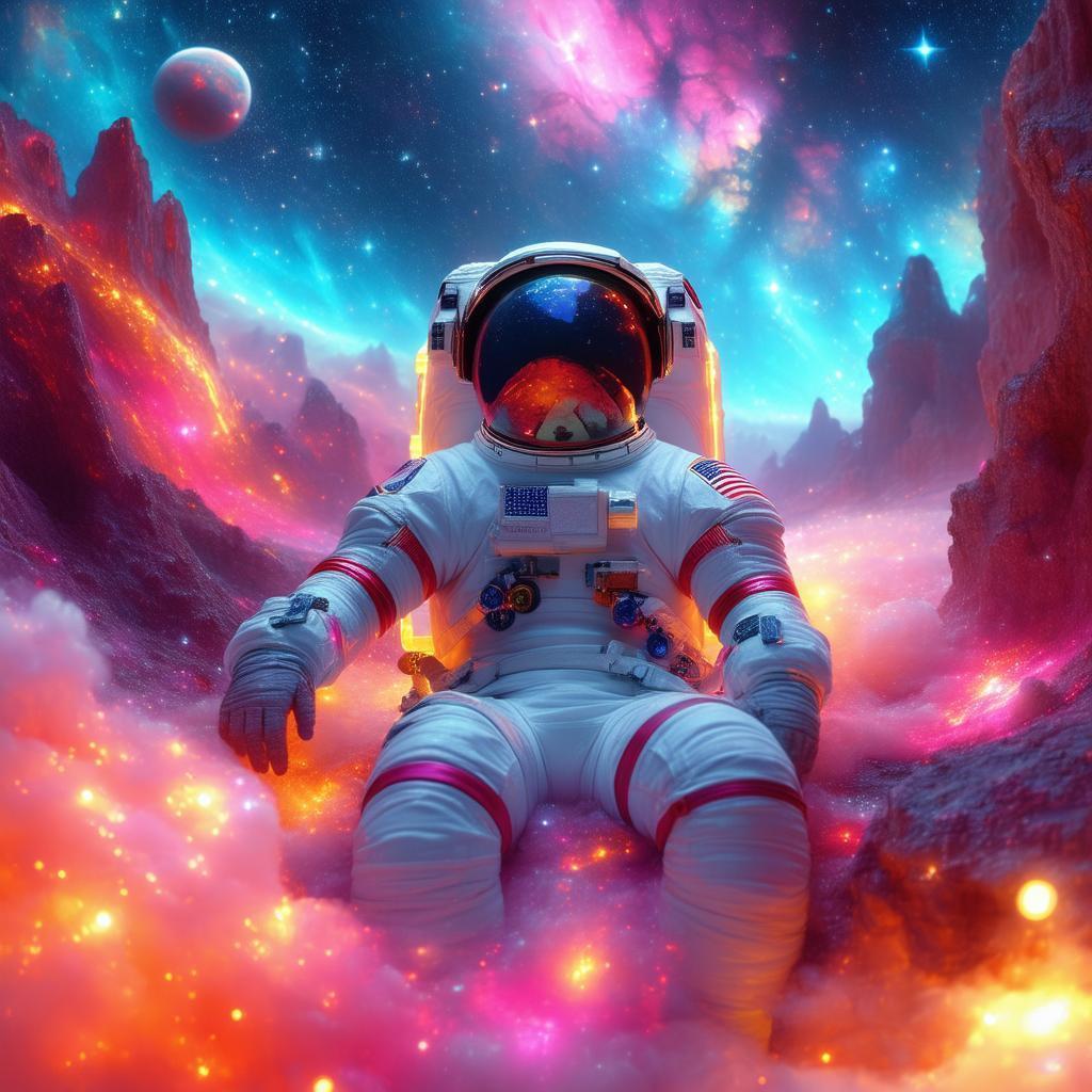 Astronaut Relaxing Amid Neon Stellar Nebulae