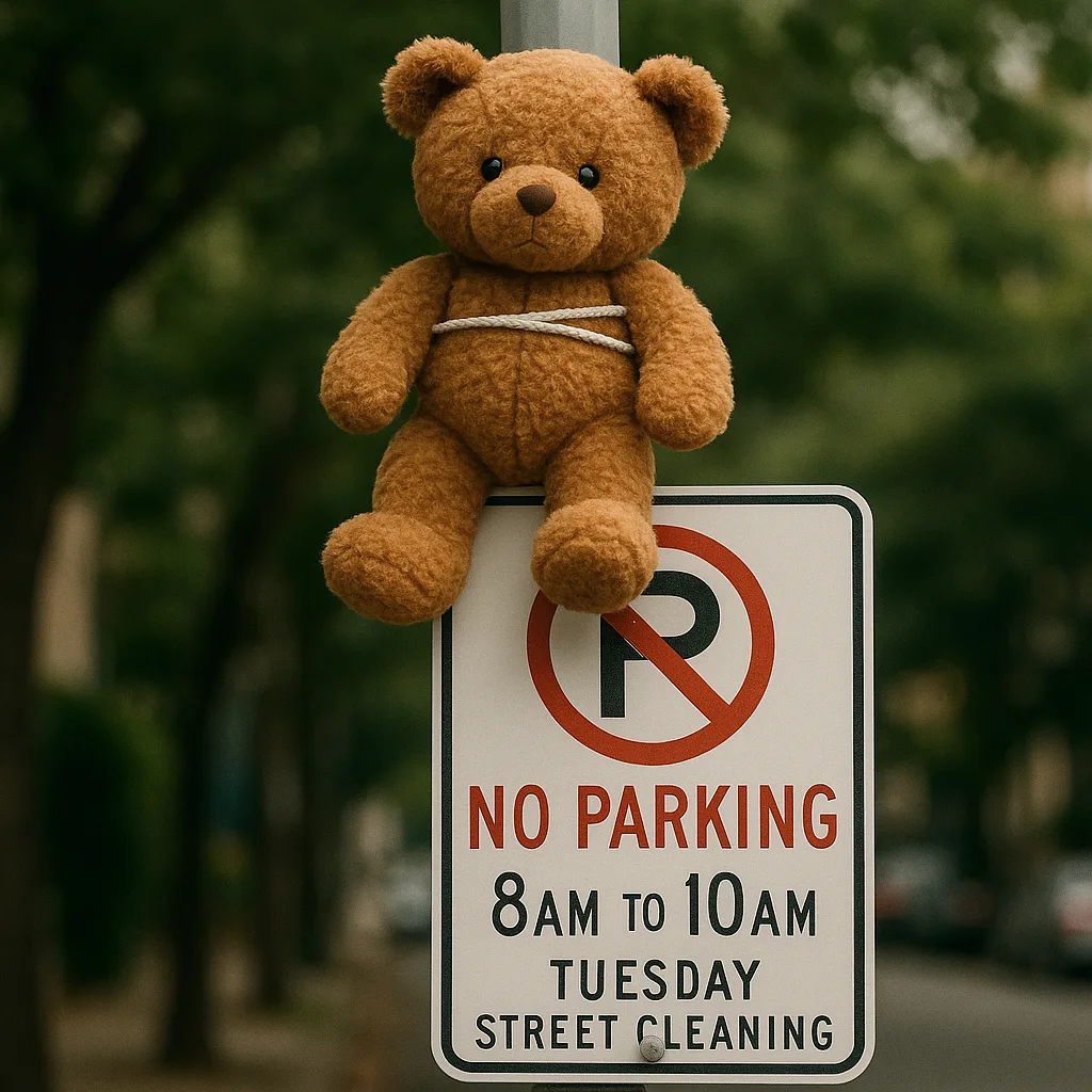 Brown Teddy Bear Is Tied to a Street Sign Pole