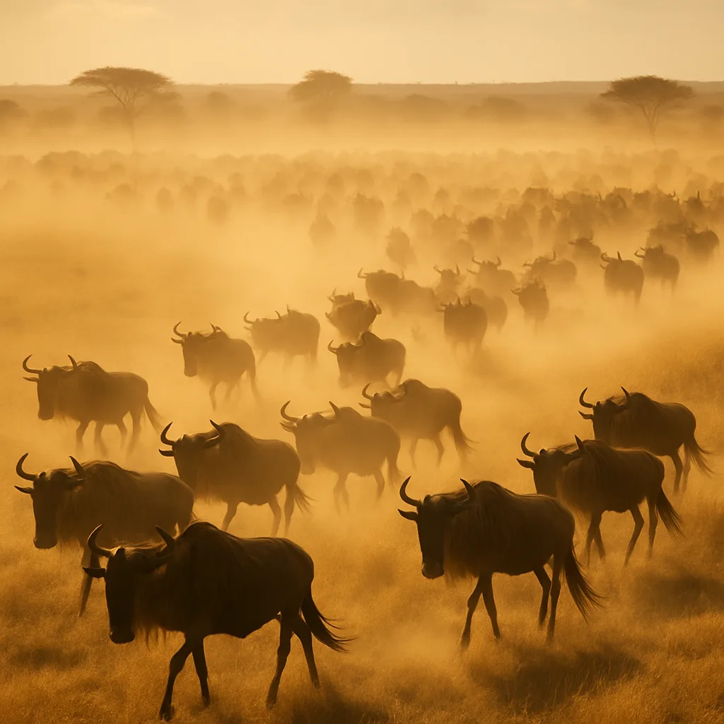 Distant Herd of Many Wildebeest Kicks Up a Vast Plume