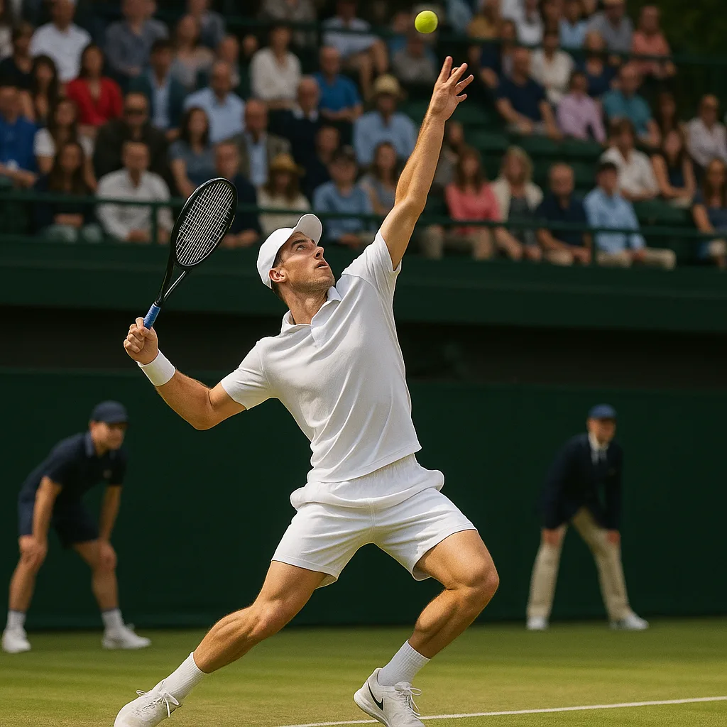 Tennis Player in White Attire Mid-serve on an Outdoor Court