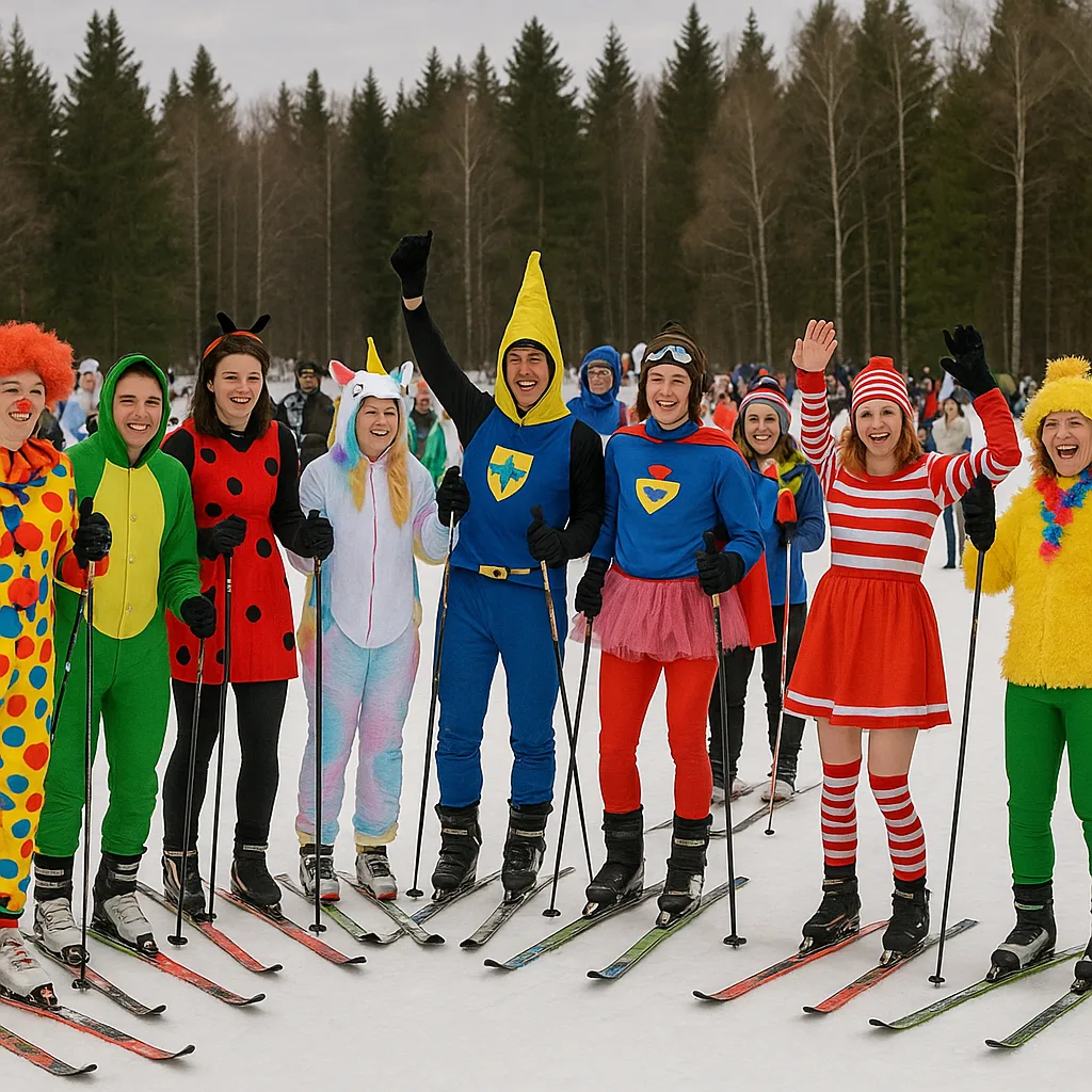 Group of Skiers Dressed in Colorful Costumes Gathers