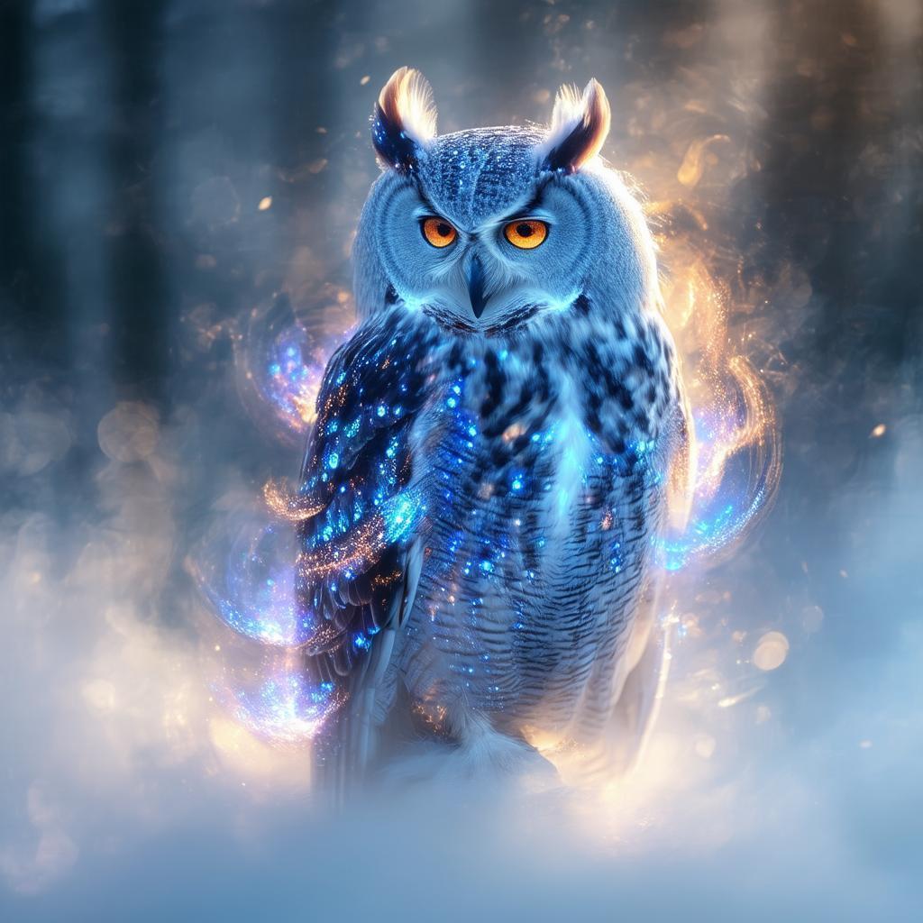 Ethereal Blue Owl Hovering in Silver Mist