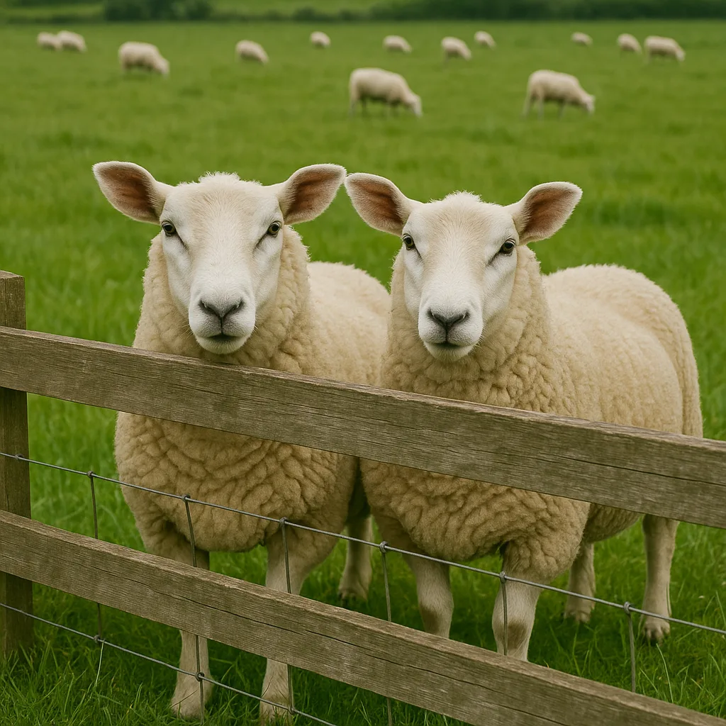 Two Sheep Standing near a Fence in a Green Pasture