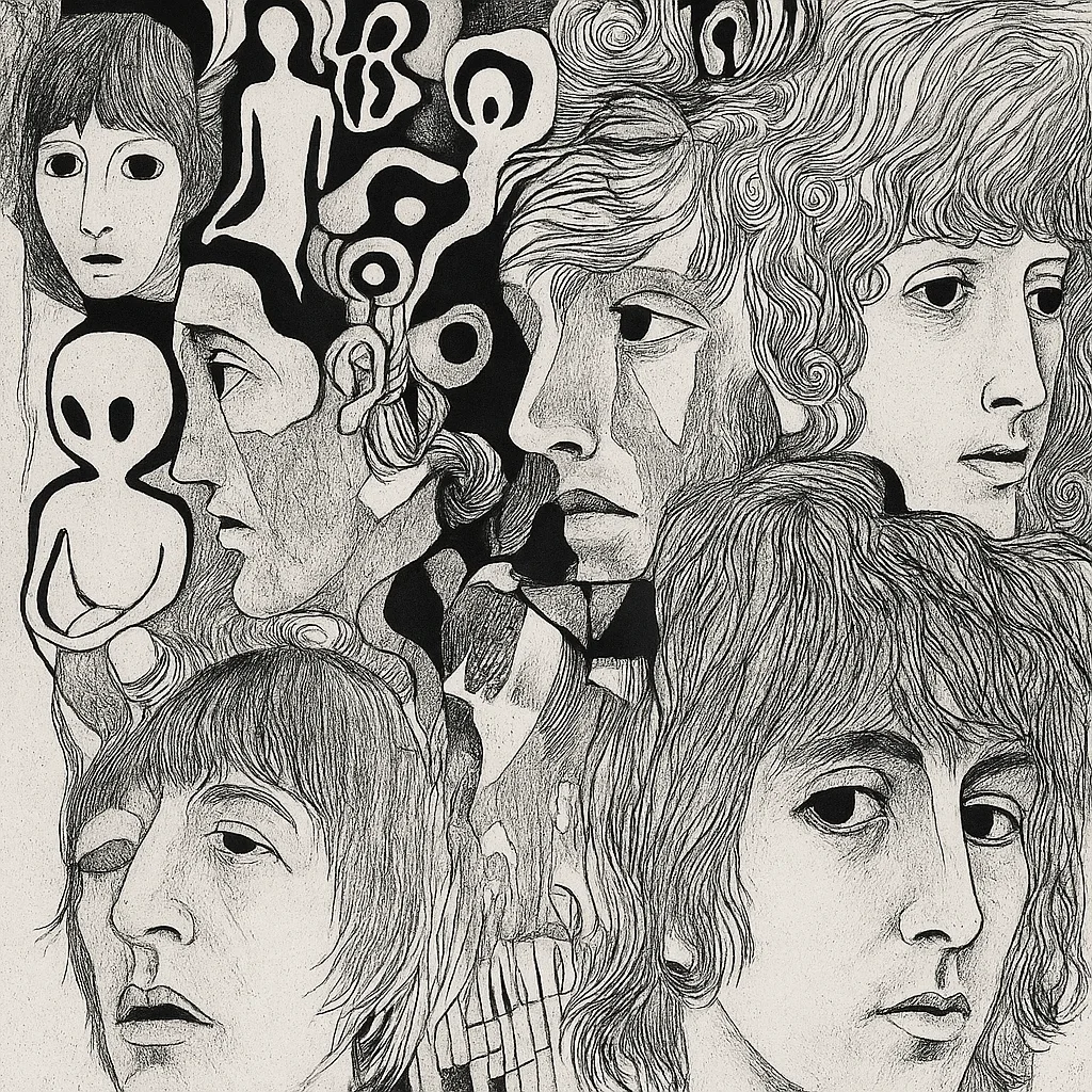 Monochromatic Surreal Collage Influenced by the Beatles' Album Revolver