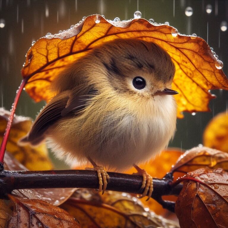 Worried Bird Hiding Under Leaf Rain
