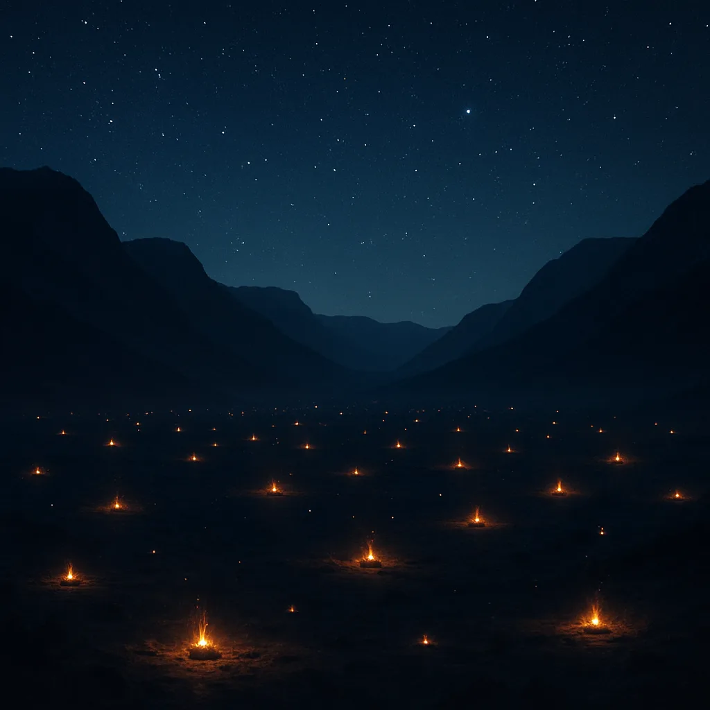 Numerous Distant Campfires Flicker Like Scattered Embers Across a Vast