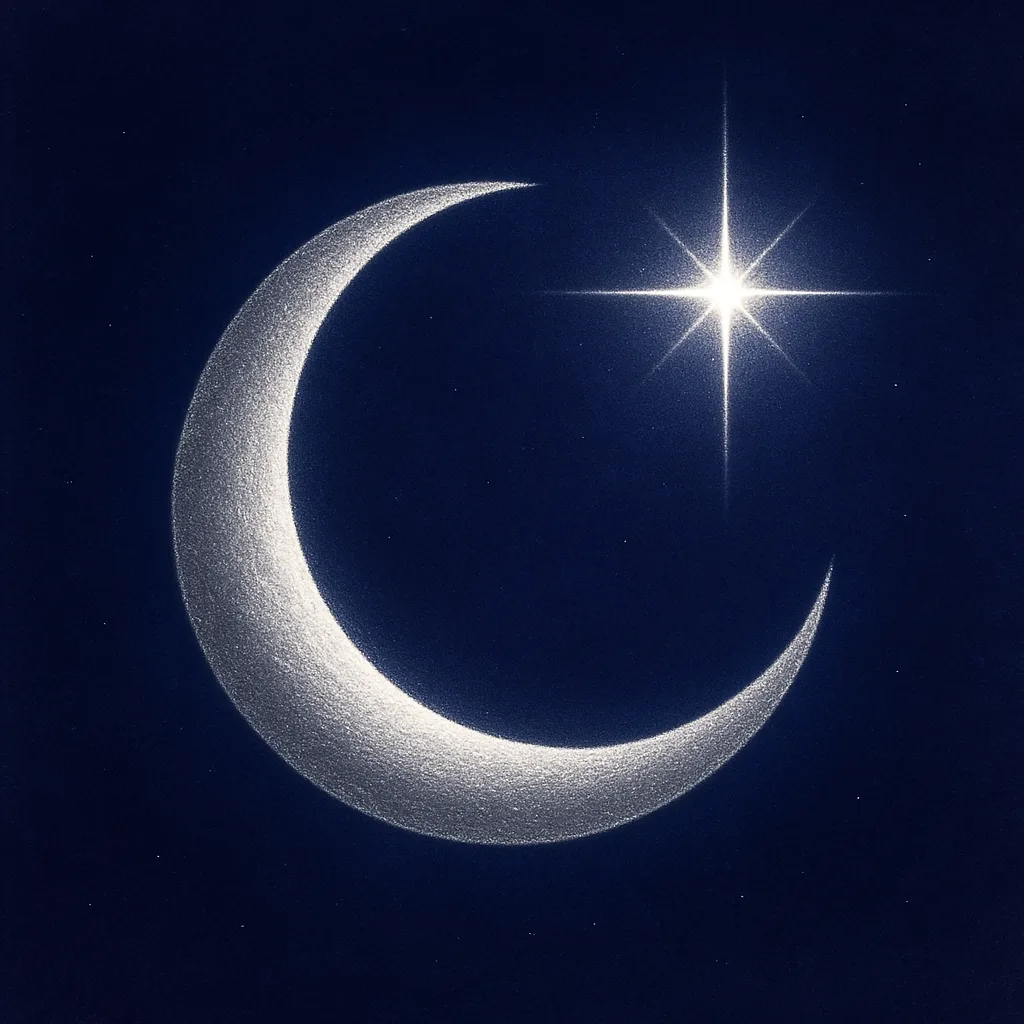 Glowing Star Positioned near a Silver Crescent Moon