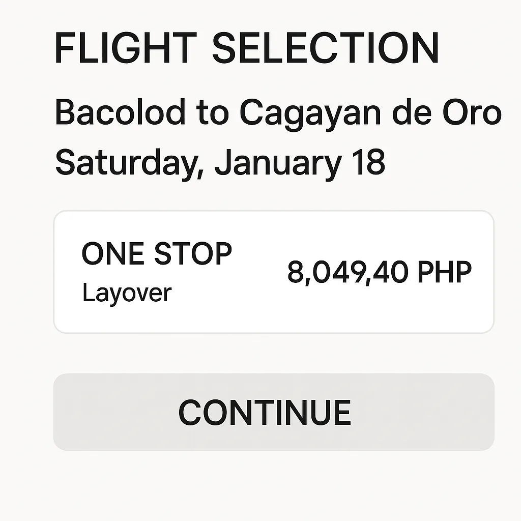 Flight Selection Screen Showing a Bacolod to Cagayan De Oro