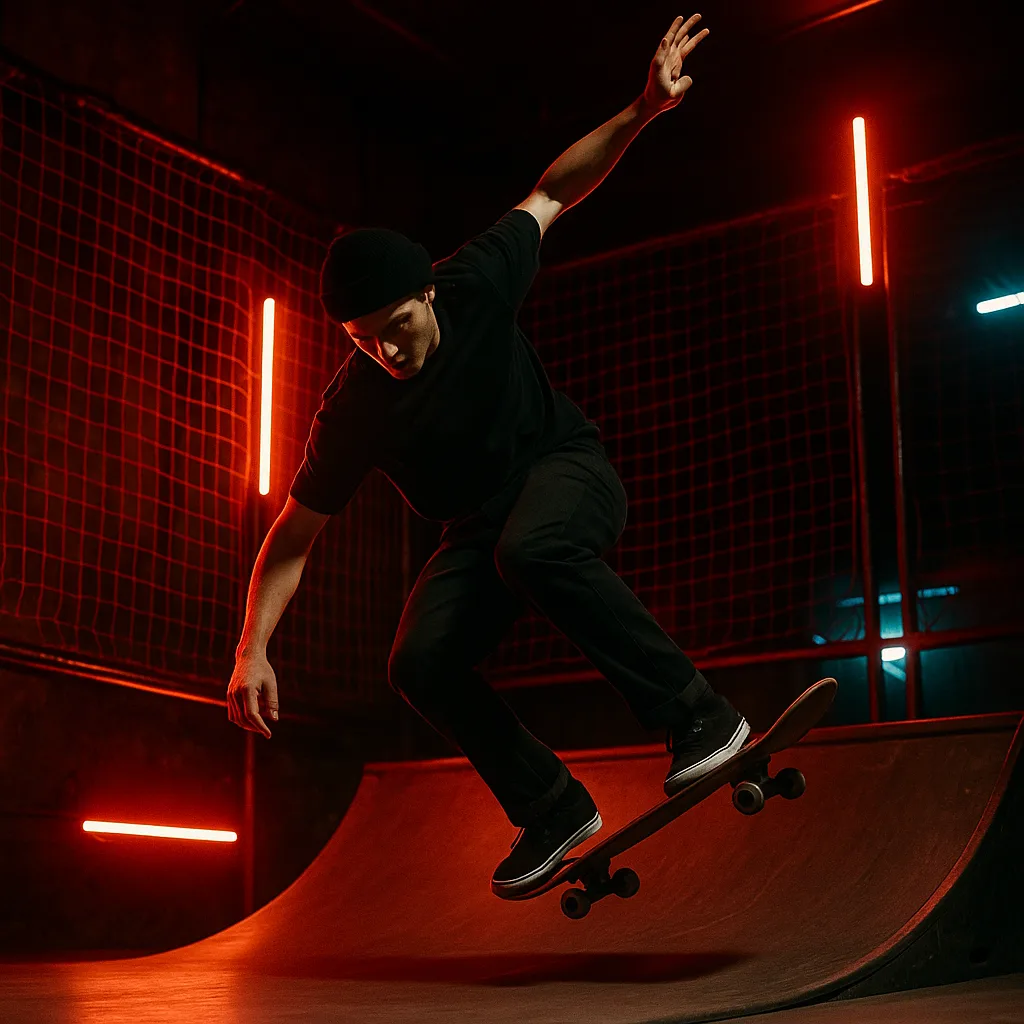 Skateboarder Performing a Trick on a Ramp in a Dimly