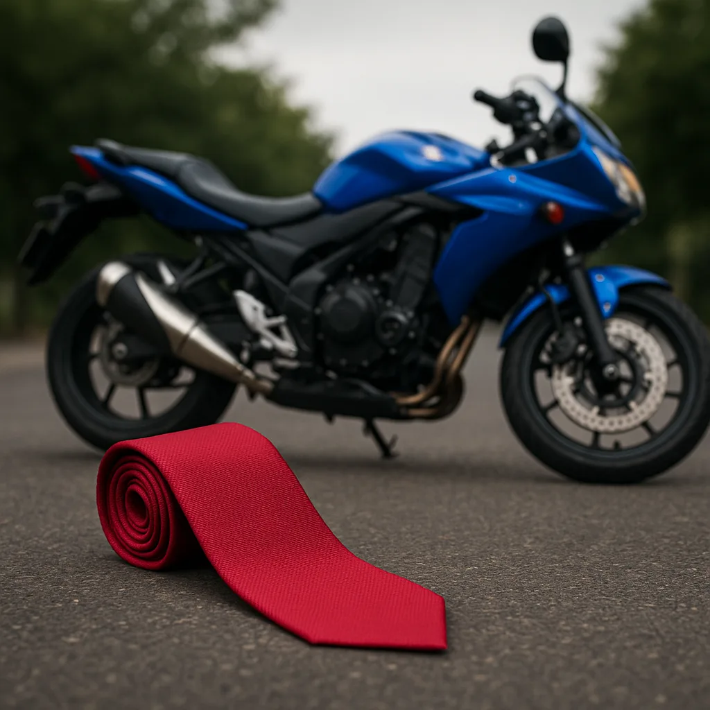 Blue Motorcycle with a Red Tie Positioned Beside It