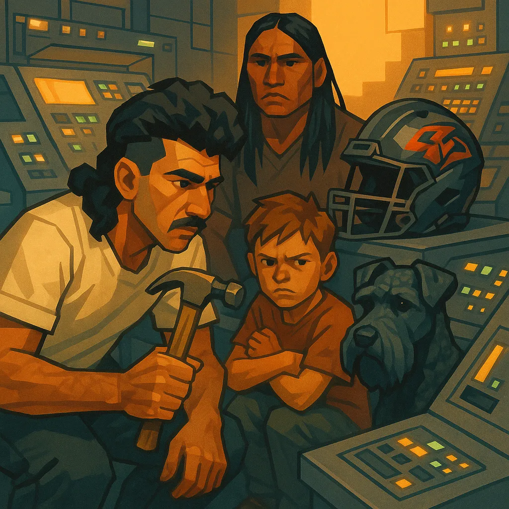 Middle Eastern Artist with a Distinct Mullet Crouches Intently