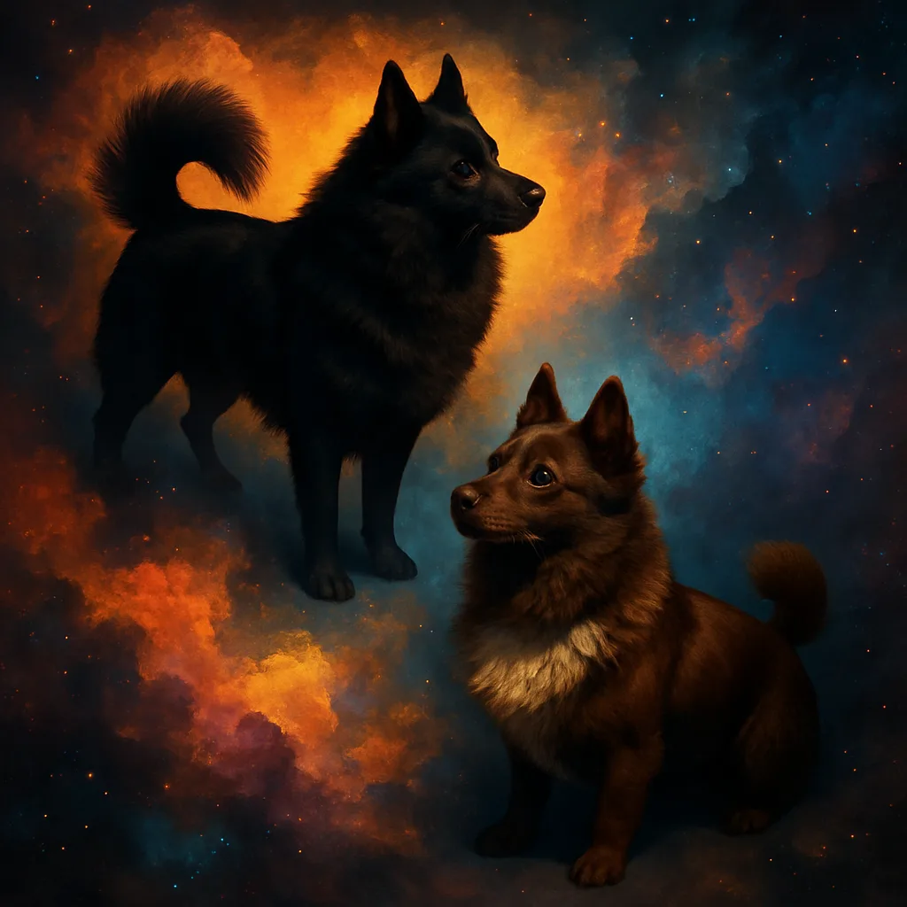 Two Distinct Schipperkes—one a Solid Jet Black Boasting a Prominent