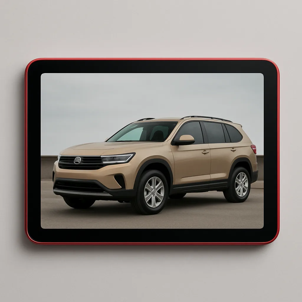 Tan-colored SUV Alongside a Crimson-colored Tablet