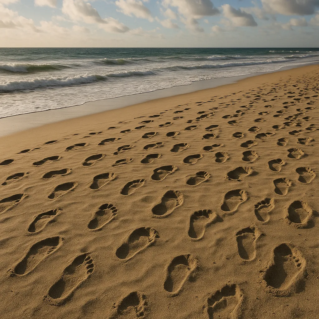 Sandy Coast Marked by Footprints of Assorted Shapes and Dimensions