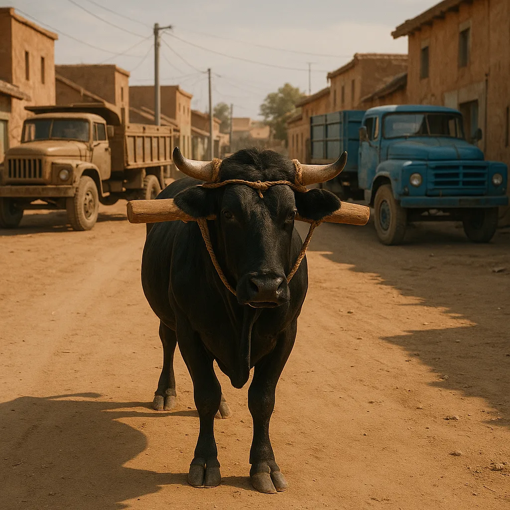 Black Ox with Wooden Yoke Stands in a Dusty Village